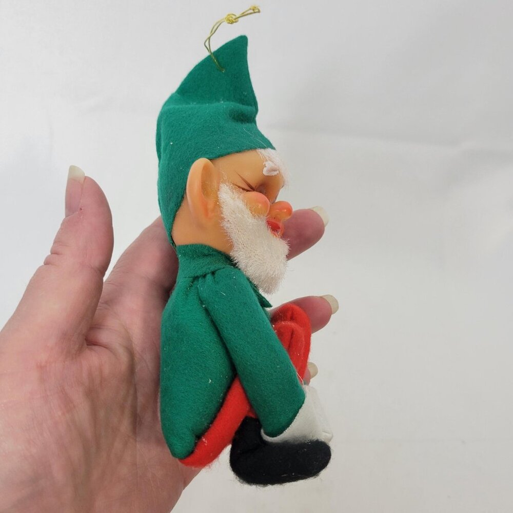 Vintage Green Red Christmas Knee Hugger Elf Japan Christmas Ornament Rubber Face - Picture 2 of 7